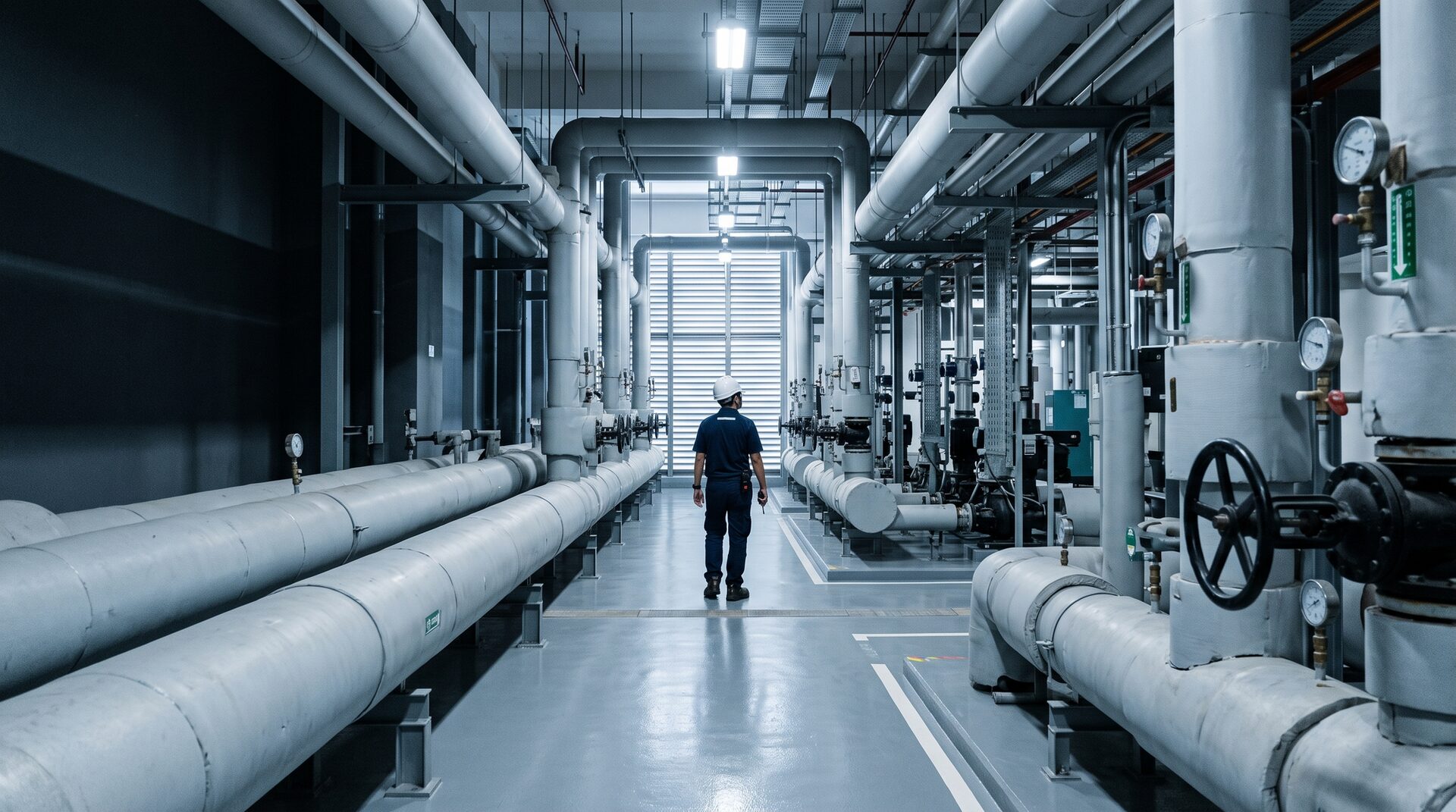 Interior of a chilled-water plantroom with insulated pipe runs