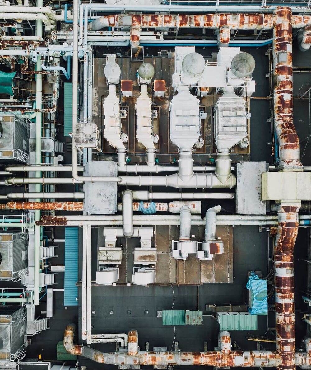 Overhead view of industrial process piping